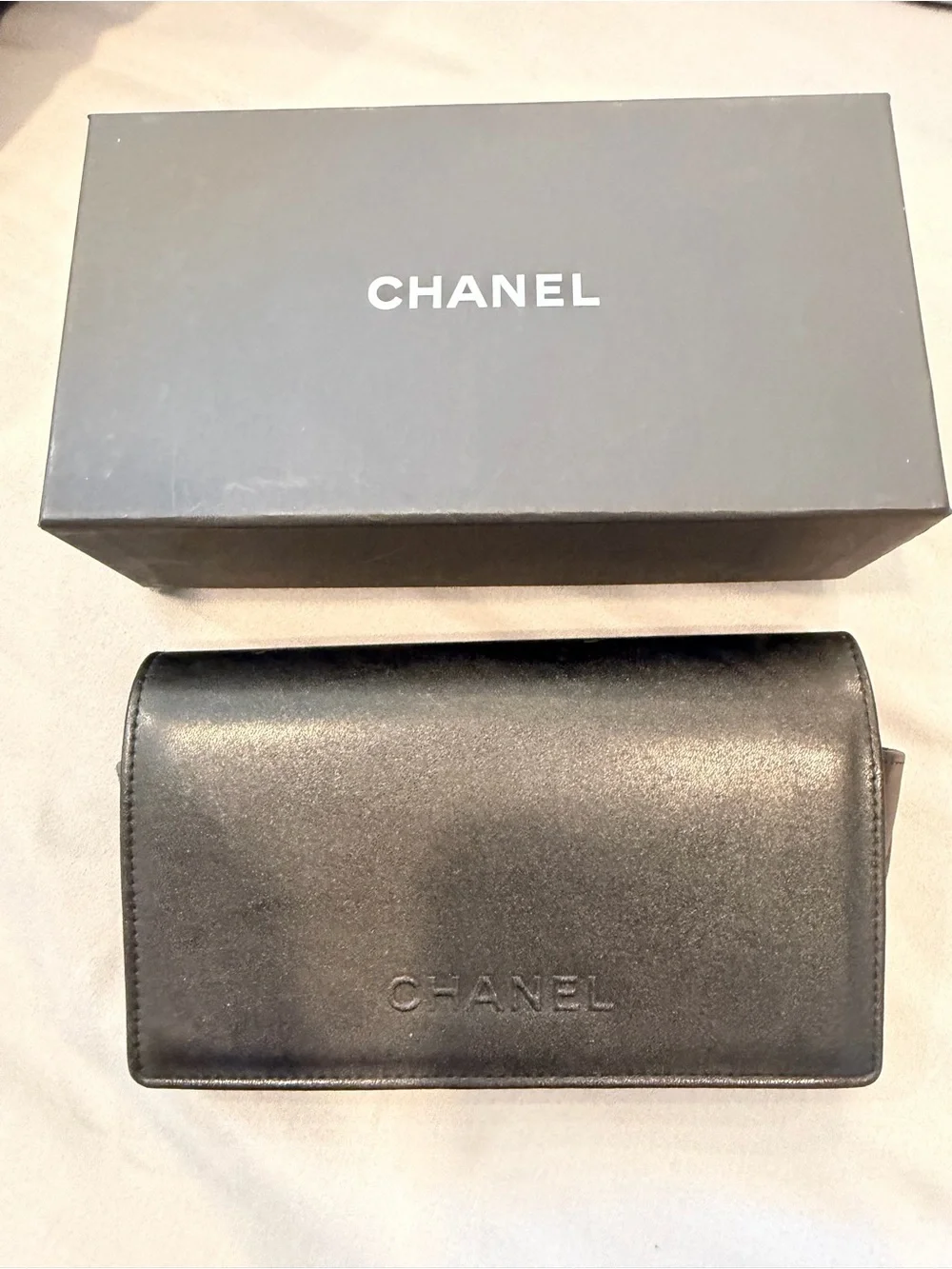 CHANEL calf skin sunglasses cash with Embossed Logo and a box